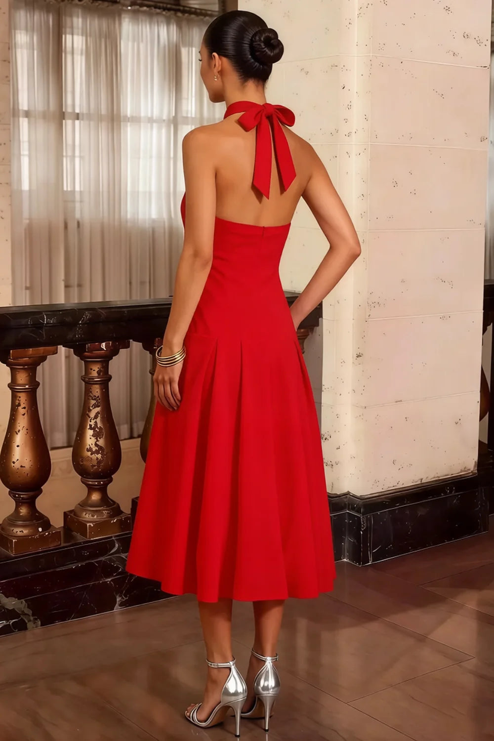 Harper Red Midi V Neck Cocktail Dress | Drop Waist Halter