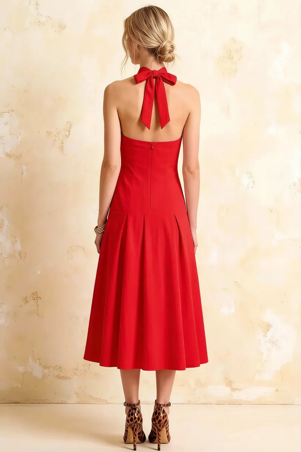 Harper Red Midi V Neck Cocktail Dress | Drop Waist Halter