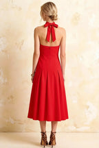 Harper Red Midi V Neck Cocktail Dress | Drop Waist Halter