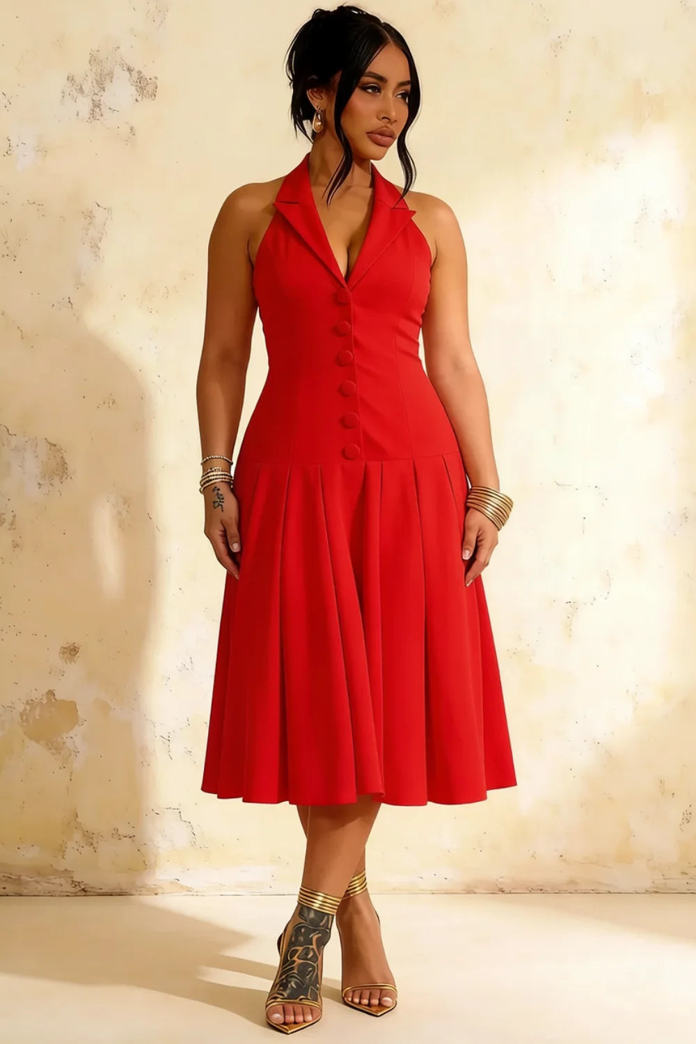 Harper Red Midi V Neck Cocktail Dress | Drop Waist Halter