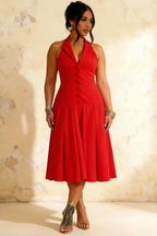 Harper Red Midi V Neck Cocktail Dress | Drop Waist Halter