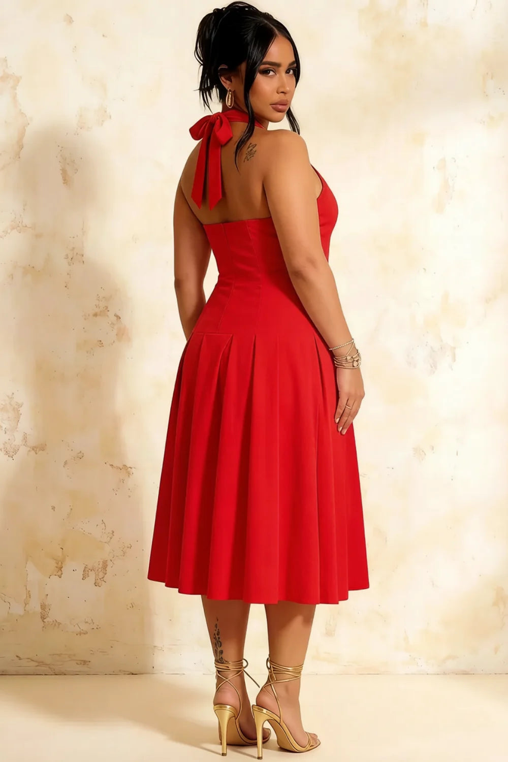 Harper Red Midi V Neck Cocktail Dress | Drop Waist Halter