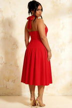 Harper Red Midi V Neck Cocktail Dress | Drop Waist Halter