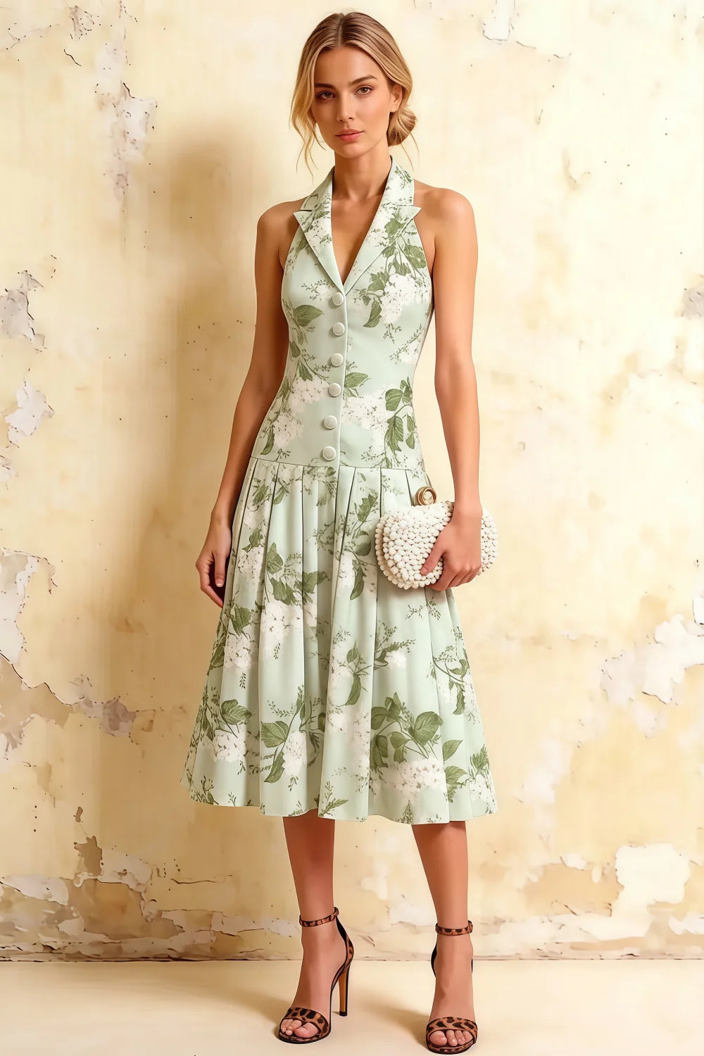 Harper Sage Green Floral V Neck Midi Dress with Drop Waist