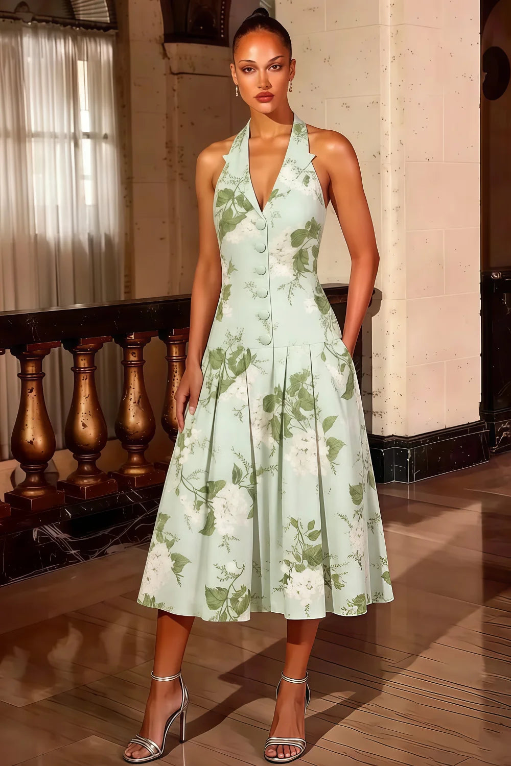 Harper Sage Green Floral V Neck Midi Dress with Drop Waist