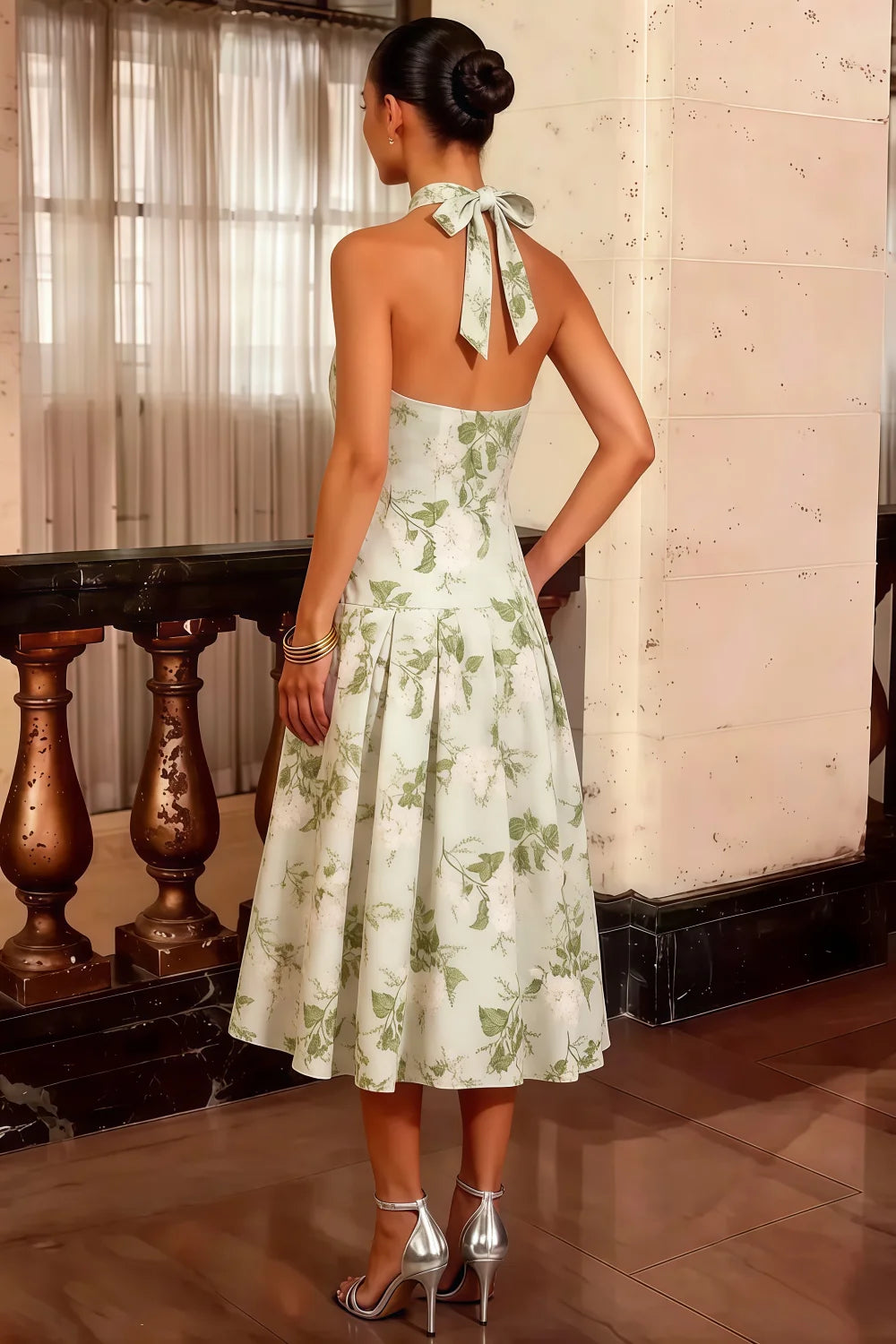 Harper Sage Green Floral V Neck Midi Dress with Drop Waist