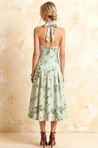 Harper Sage Green Floral V Neck Midi Dress with Drop Waist