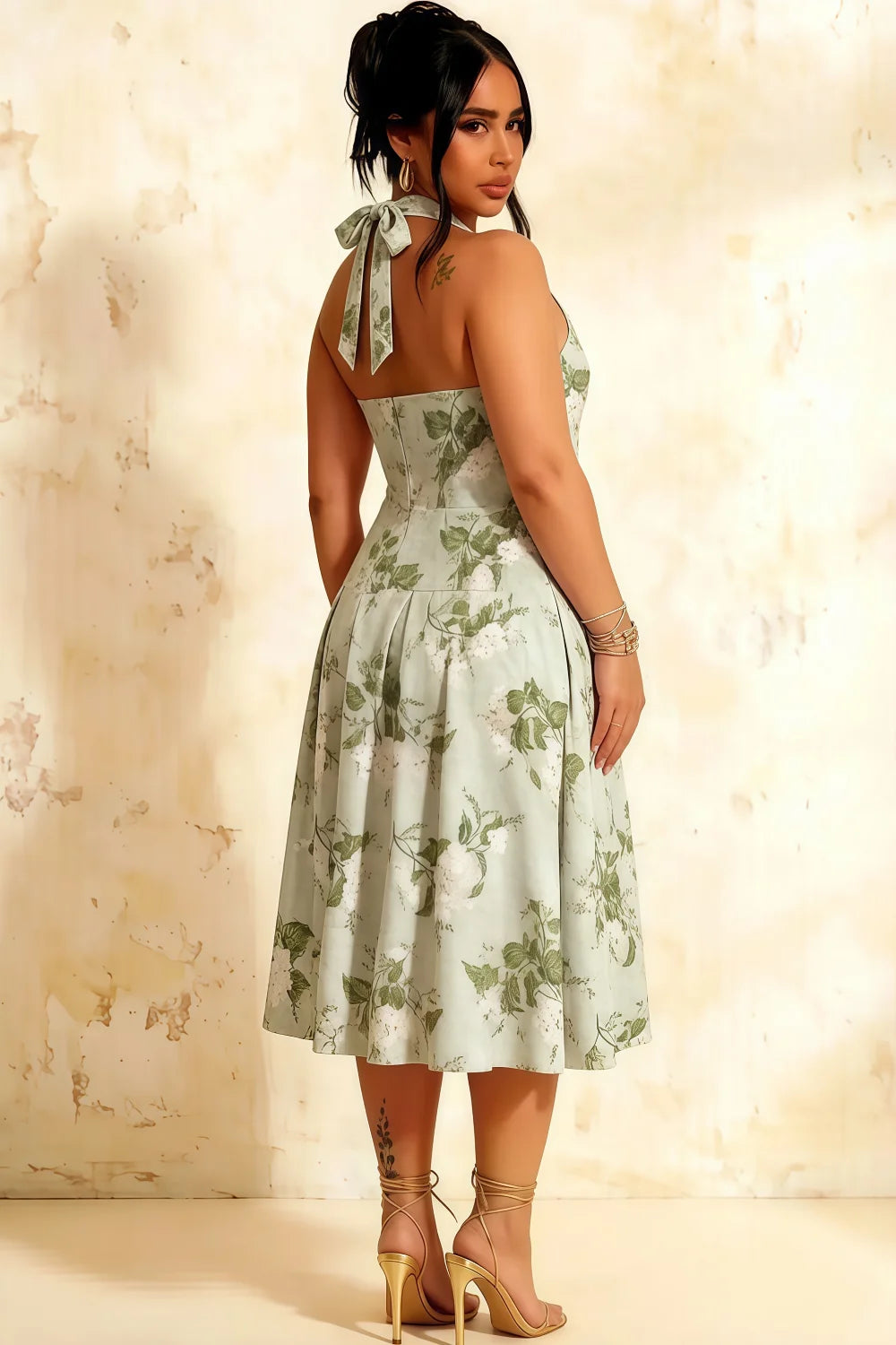 Harper Sage Green Floral V Neck Midi Dress with Drop Waist