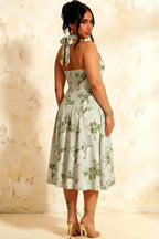 Harper Sage Green Floral V Neck Midi Dress with Drop Waist