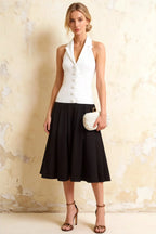 Harper White and Black V Neck Midi Dress with Drop Waist