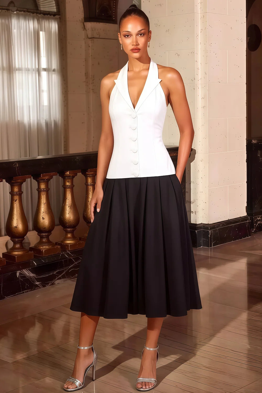 Harper White and Black V Neck Midi Dress with Drop Waist Secondary image