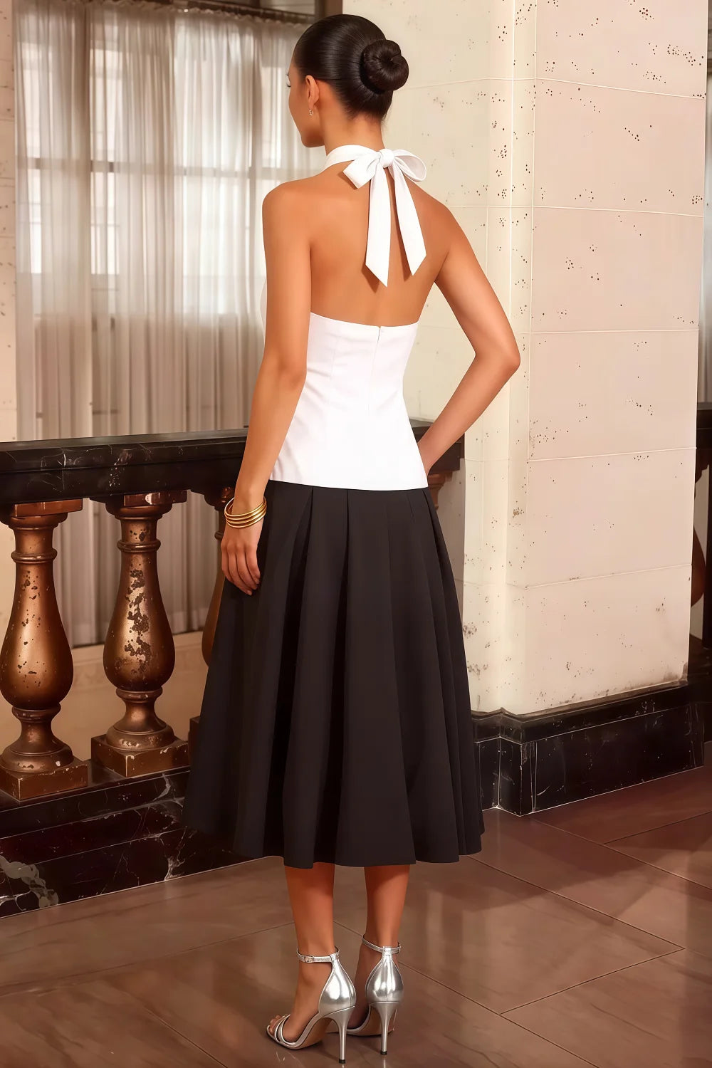 Harper White and Black V Neck Midi Dress with Drop Waist