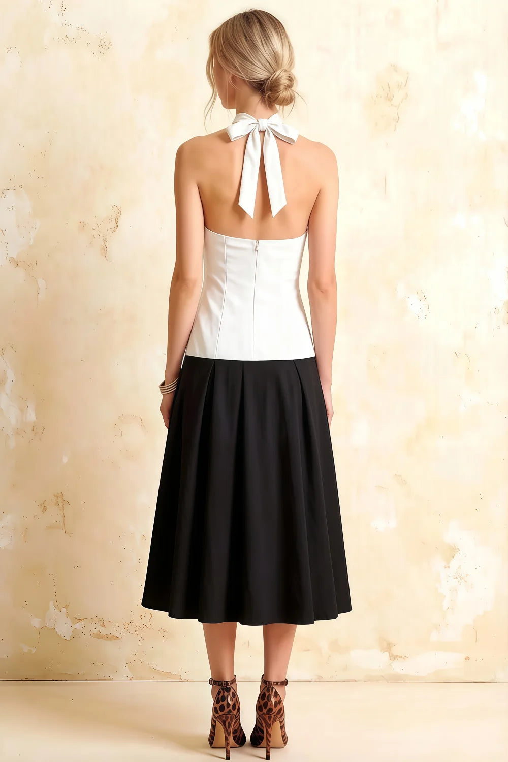 Harper White and Black V Neck Midi Dress with Drop Waist