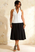 Harper White and Black V Neck Midi Dress with Drop Waist
