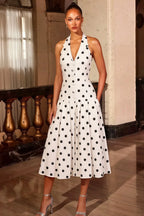 Harper White Polka Dot V Neck Midi Dress