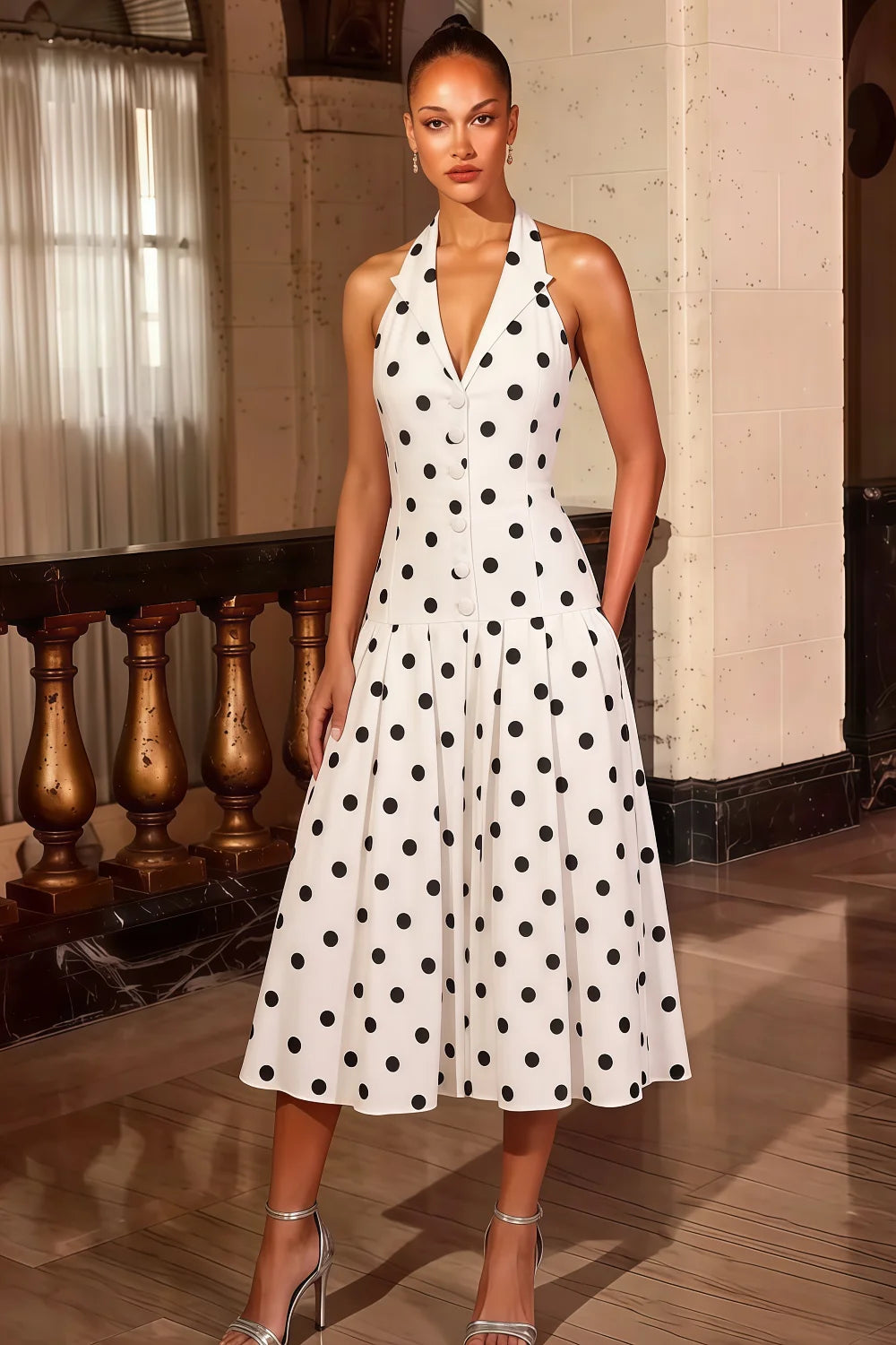 Harper White Polka Dot V Neck Midi Dress