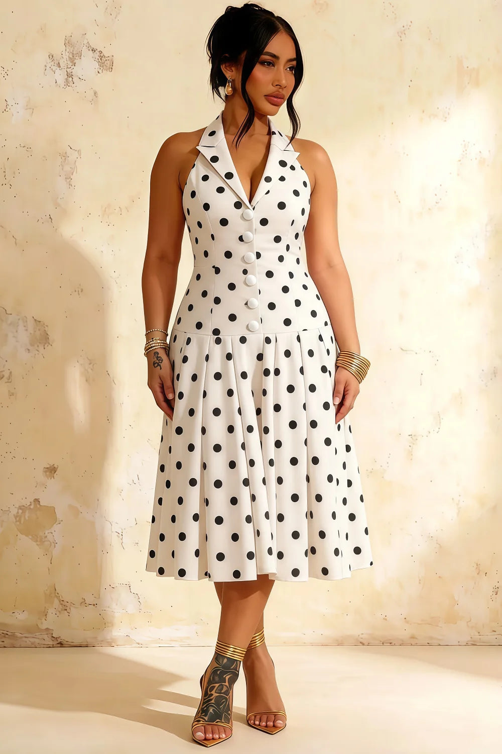 Harper White Polka Dot V Neck Midi Dress