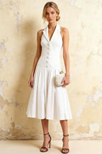 Harper White V-Neck Midi Dress with Drop Waist