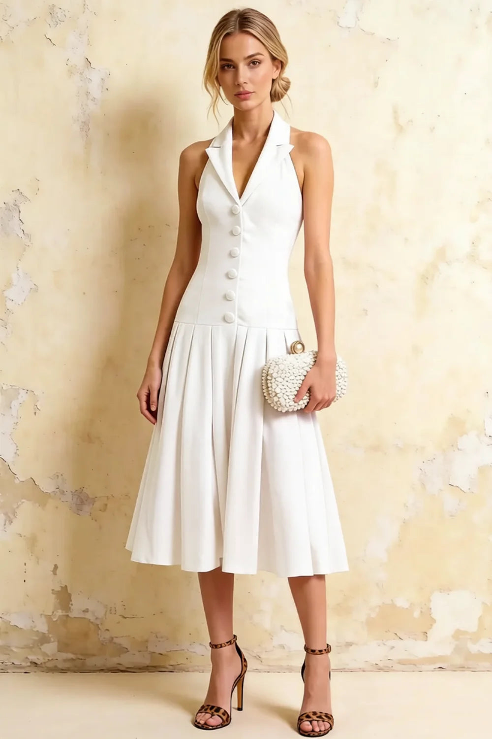 Harper White V-Neck Midi Dress with Drop Waist