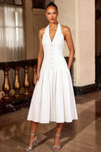 Harper White V-Neck Midi Dress with Drop Waist