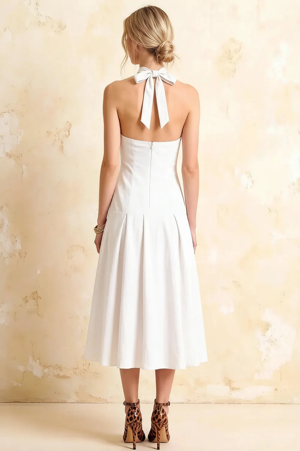 Harper White V-Neck Midi Dress with Drop Waist