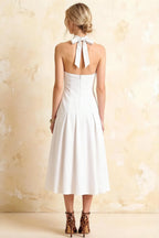 Harper White V-Neck Midi Dress with Drop Waist