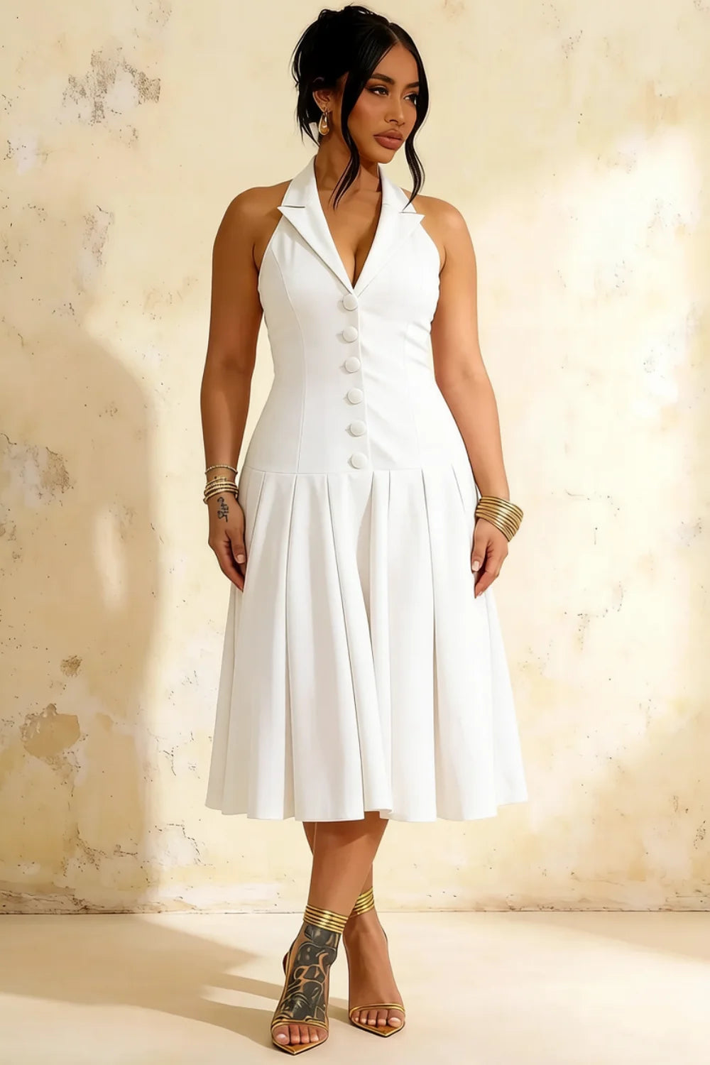 Harper White V-Neck Midi Dress with Drop Waist