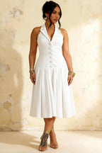 Harper White V-Neck Midi Dress with Drop Waist