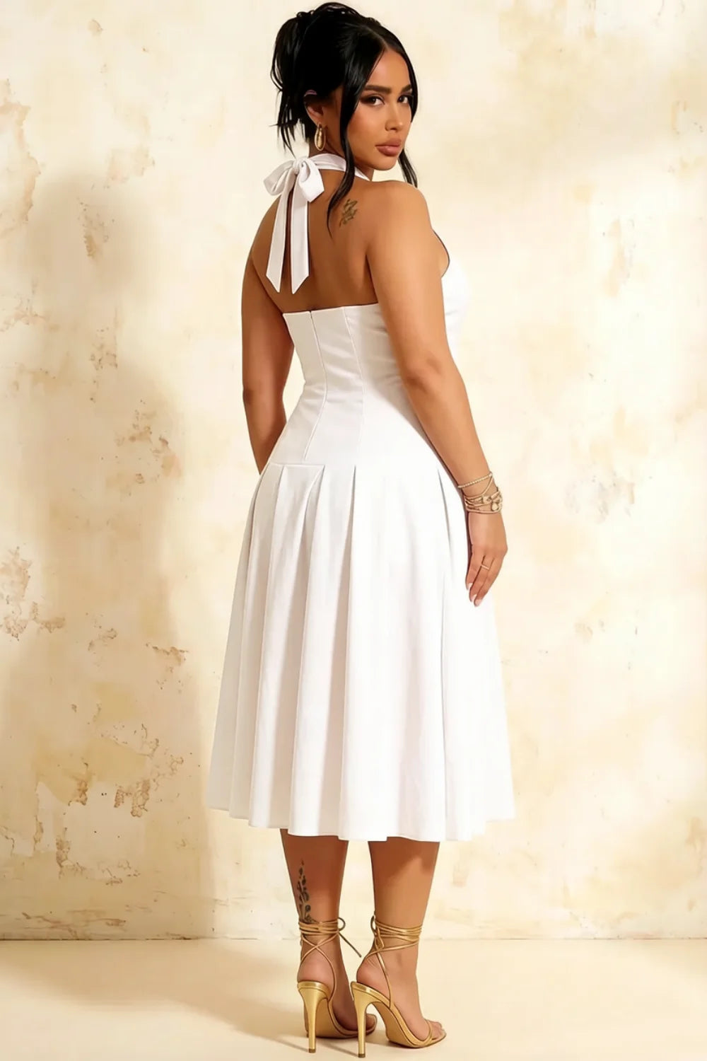 Harper White V-Neck Midi Dress with Drop Waist