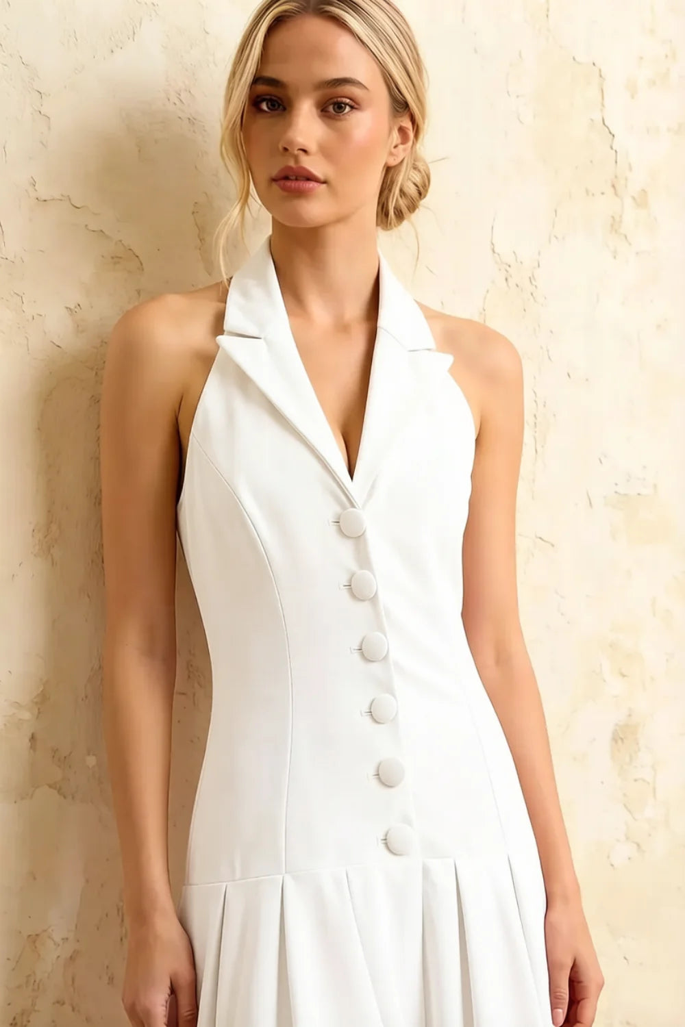 Harper White V-Neck Midi Dress with Drop Waist