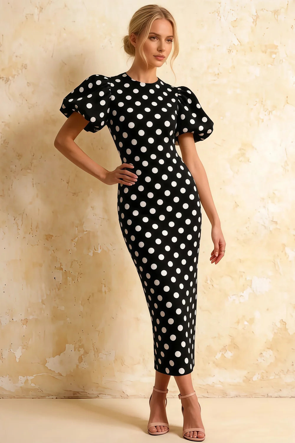 Harriet Black Polka Dot Puff Sleeve Midi Dress | Elegant Black Dress for Party Main image