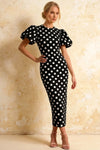 Harriet Black Polka Dot Puff Sleeve Midi Dress | Elegant Black Dress for Party