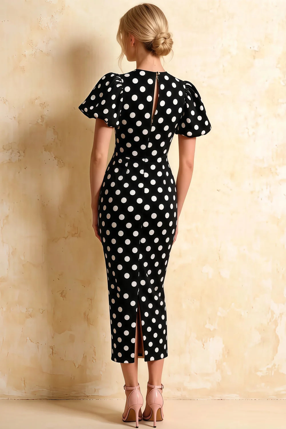 Harriet Black Polka Dot Puff Sleeve Midi Dress | Elegant Black Dress for Party
