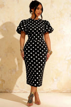 Harriet Black Polka Dot Puff Sleeve Midi Dress | Elegant Black Dress for Party