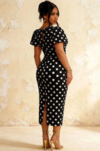 Harriet Black Polka Dot Puff Sleeve Midi Dress | Elegant Black Dress for Party