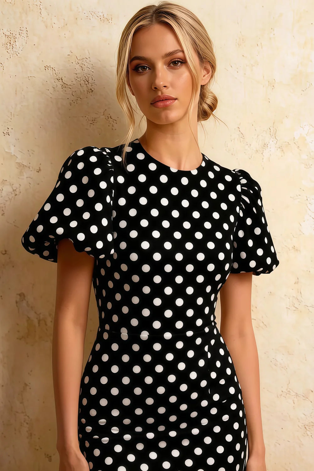 Harriet Black Polka Dot Puff Sleeve Midi Dress | Elegant Black Dress for Party