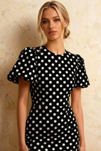 Harriet Black Polka Dot Puff Sleeve Midi Dress | Elegant Black Dress for Party