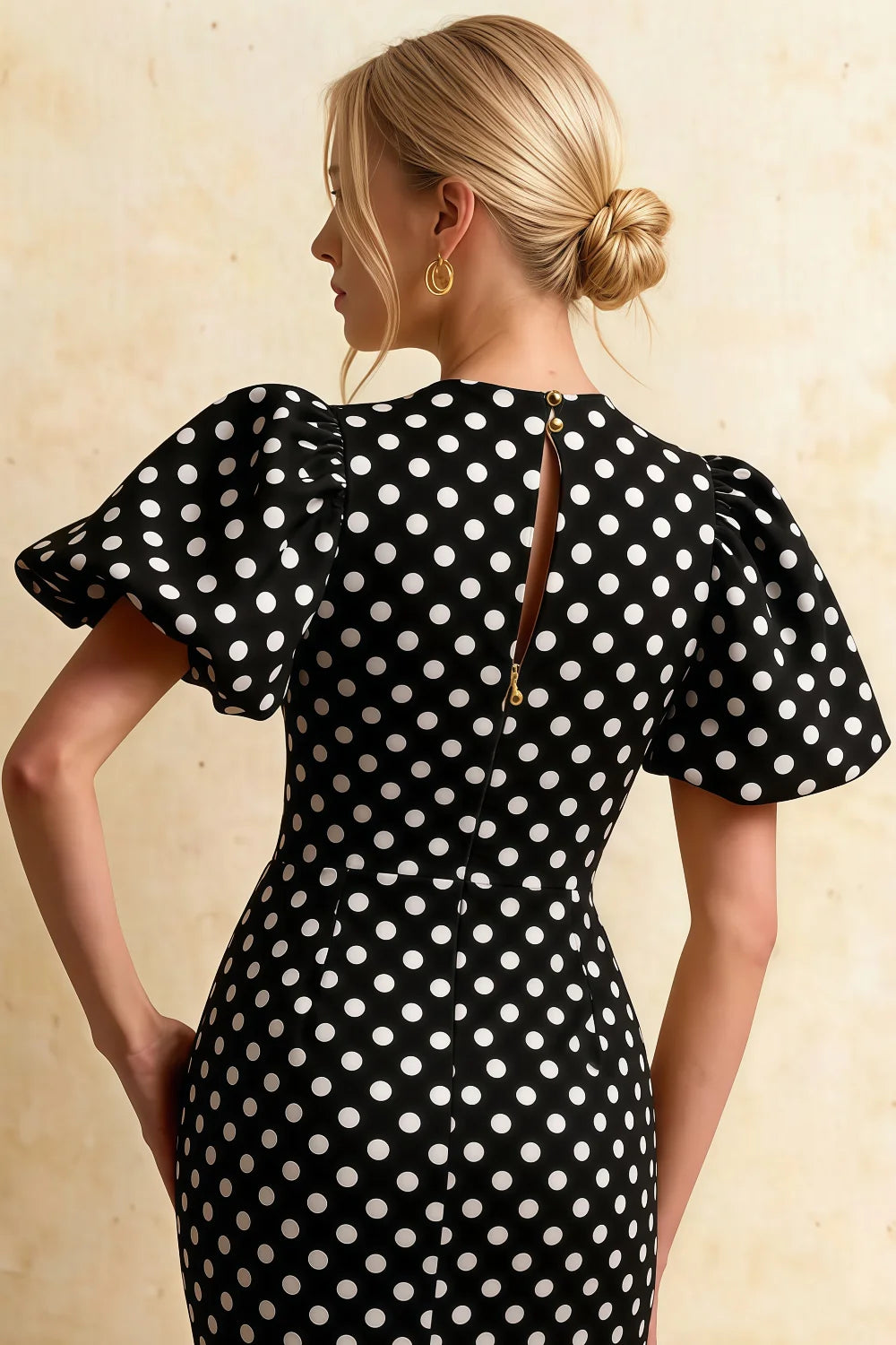 Harriet Black Polka Dot Puff Sleeve Midi Dress | Elegant Black Dress for Party