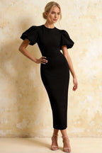 Harriet Black Puff Sleeve Midi Dress | Elegant Bodycon Party Gown