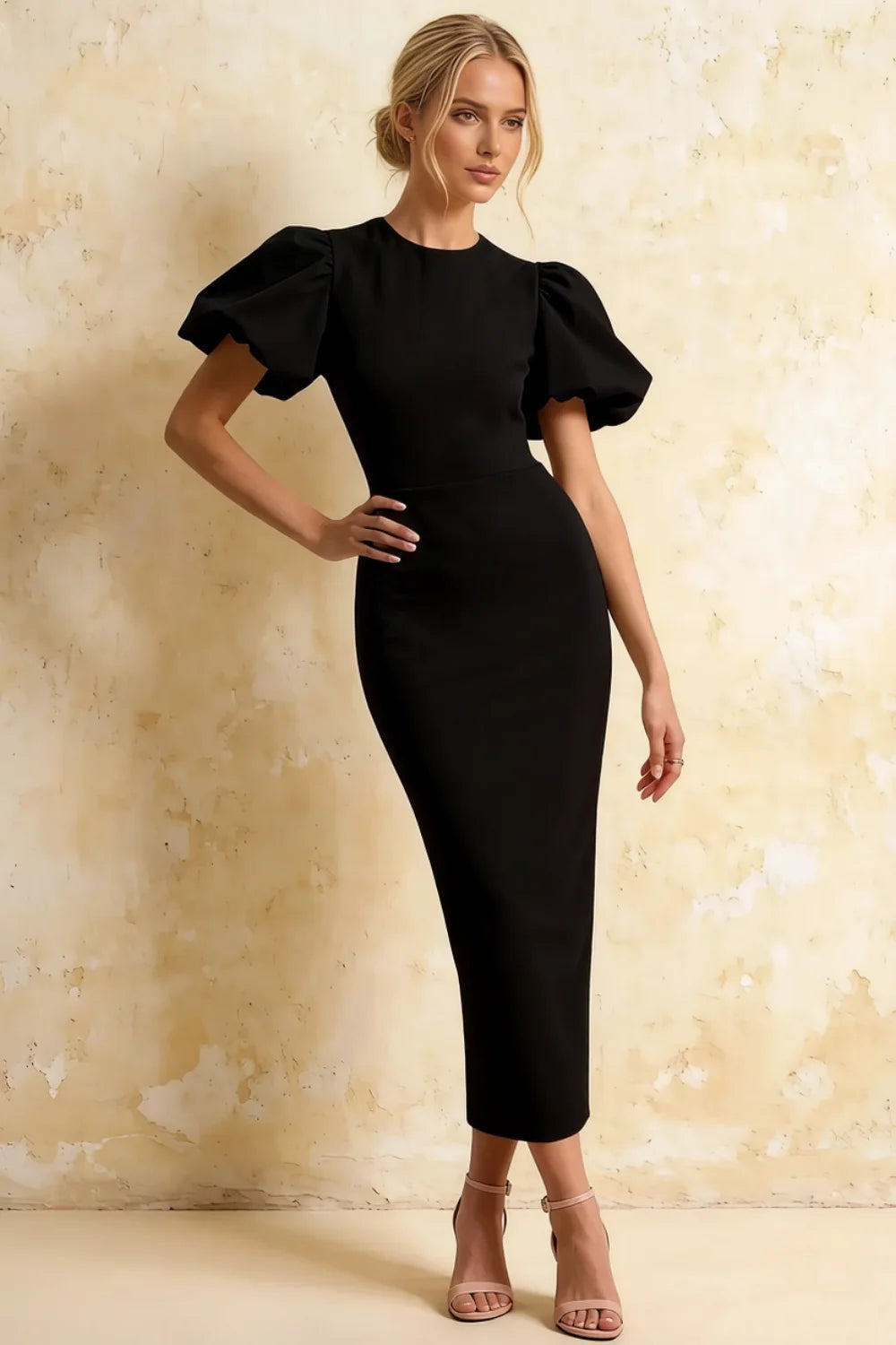Harriet Black Puff Sleeve Midi Dress | Elegant Bodycon Party Gown