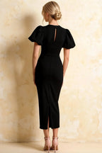 Harriet Black Puff Sleeve Midi Dress | Elegant Bodycon Party Gown