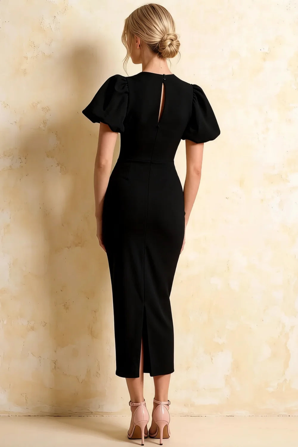 Harriet Black Puff Sleeve Midi Dress | Elegant Bodycon Party Gown