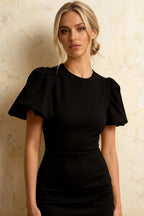 Harriet Black Puff Sleeve Midi Dress | Elegant Bodycon Party Gown