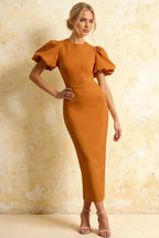 Harriet Bronze Puff Sleeve Midi Dress | Elegant Wedding Guest Outfit