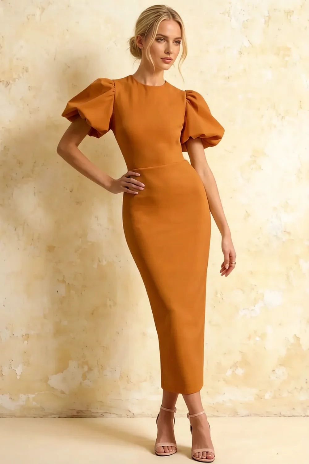 Harriet Bronze Puff Sleeve Midi Dress | Elegant Wedding Guest Outfit