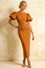 Harriet Bronze Puff Sleeve Midi Dress | Elegant Wedding Guest Outfit