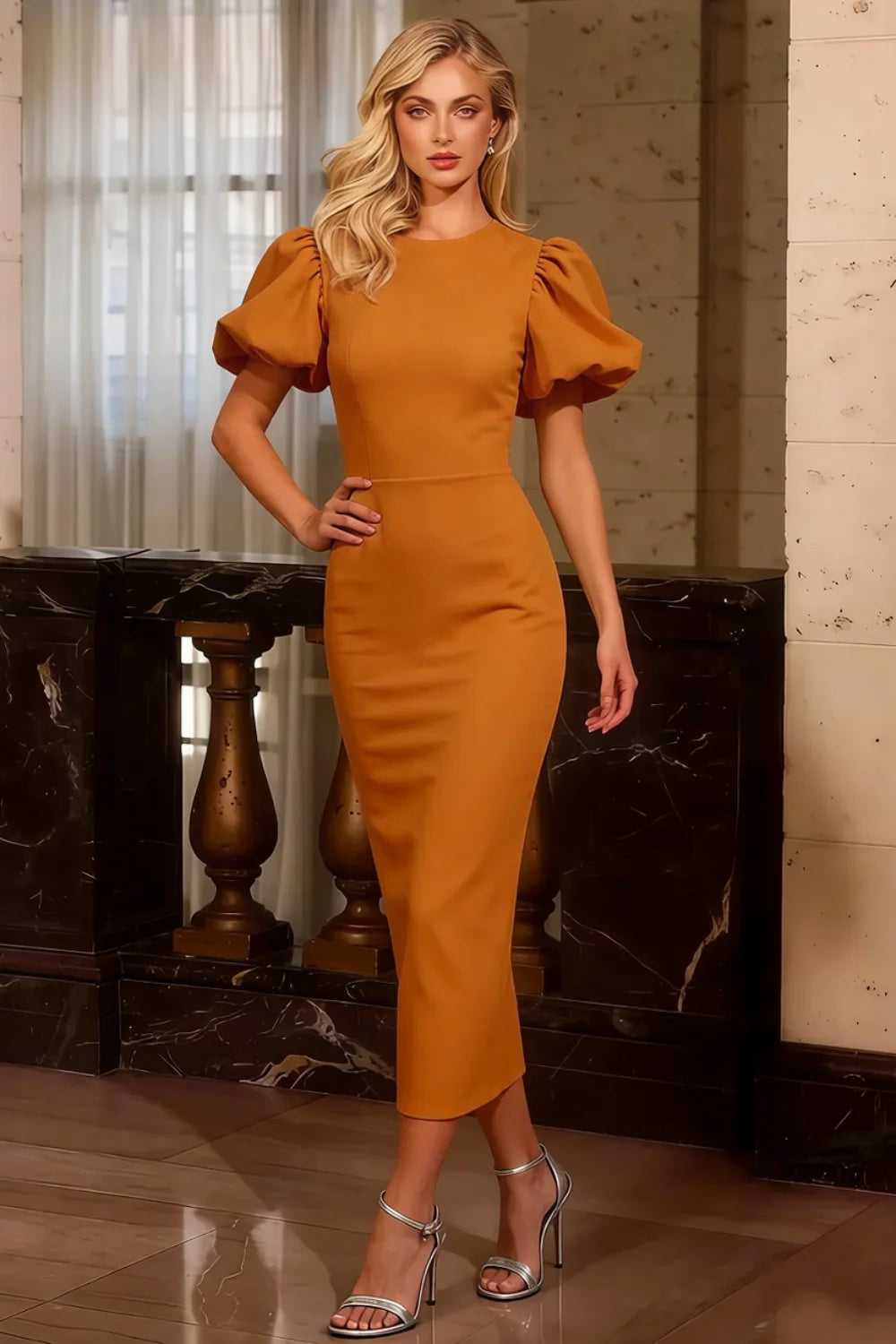 Harriet Bronze Puff Sleeve Midi Dress | Elegant Wedding Guest Outfit