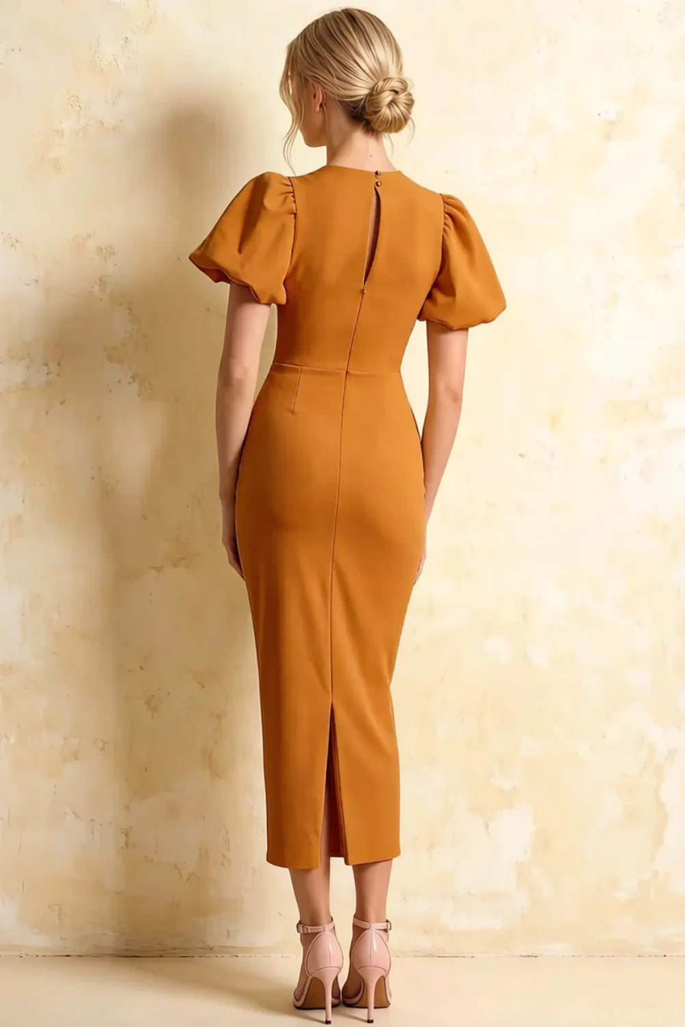 Harriet Bronze Puff Sleeve Midi Dress | Elegant Wedding Guest Outfit