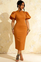 Harriet Bronze Puff Sleeve Midi Dress | Elegant Wedding Guest Outfit