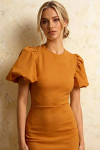 Harriet Bronze Puff Sleeve Midi Dress | Elegant Wedding Guest Outfit